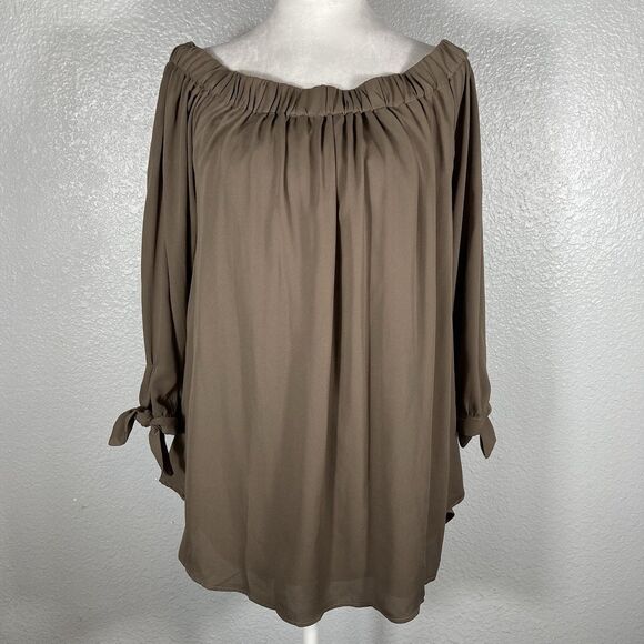 Wishlist Tops - Wishlist Chocolate Brown Top Blouse L Flowy Tunic Neutral Peasant Off Shoulder
